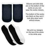 Custom printed knocks my socks off digitally printed on gripper no show socks.