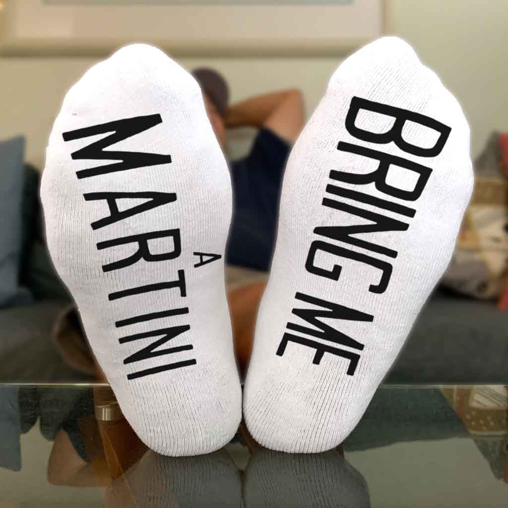 Bring me a martini custom printed on the soles of white cotton no show socks.