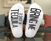 Bring me a shot of tequila custom printed on the bottom soles of the white cotton no show socks.
