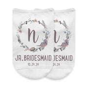 Junior bridesmaid bridal party socks digitally printed with the wedding role and date.