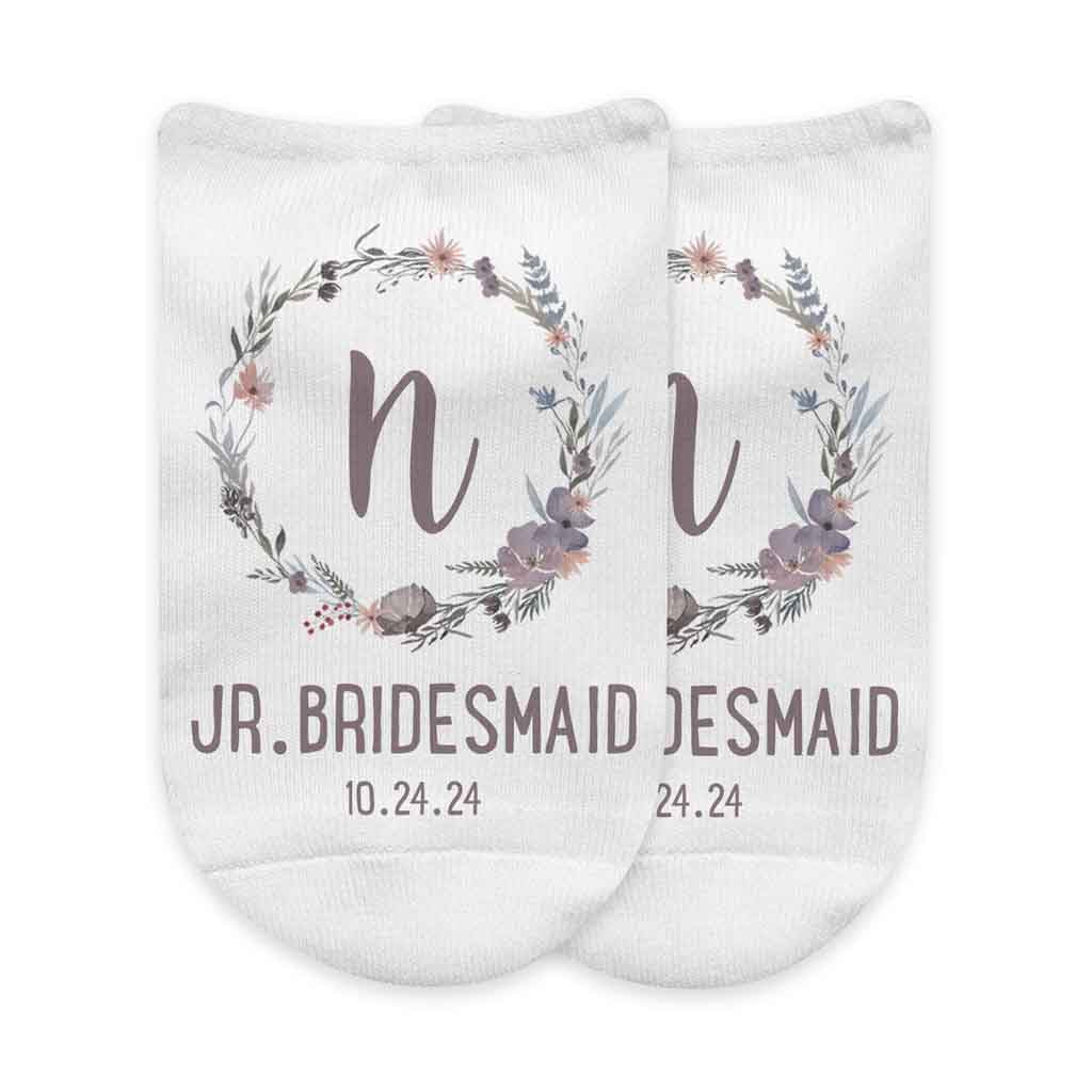 Junior bridesmaid bridal party socks digitally printed with the wedding role and date.