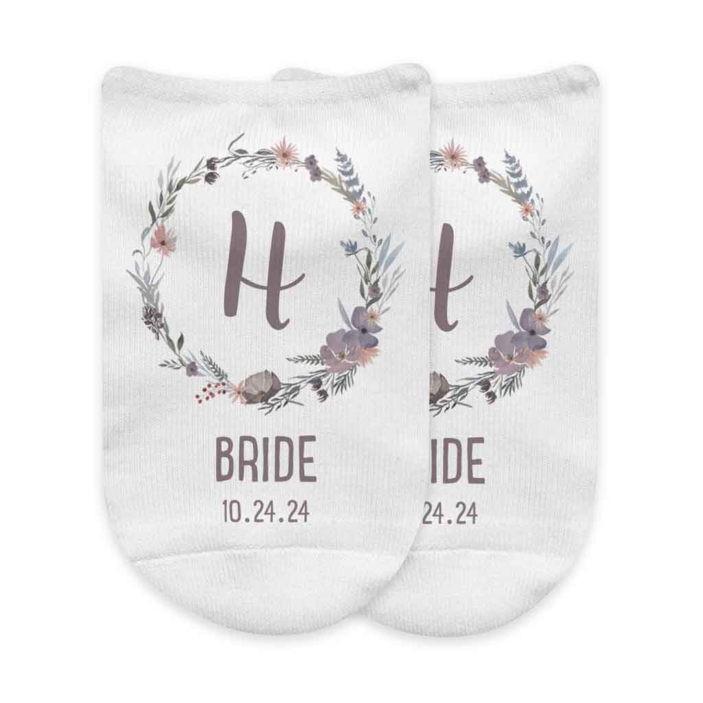 Super cute floral design digitally printed and personalized with your monogram initial, wedding role and date on no show socks.