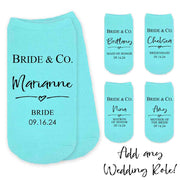 Custom wedding no show socks for the bridal party digitally printed and personalized with your date and role.