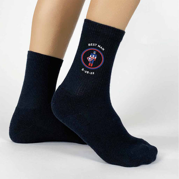 Personalized youth crew socks custom printed with wedding date, role, and a superhero theme make a great gift.