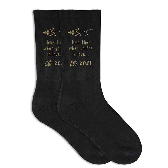 Time flies when you're in love digitally printed and personalized with your established wedding year on cotton socks.