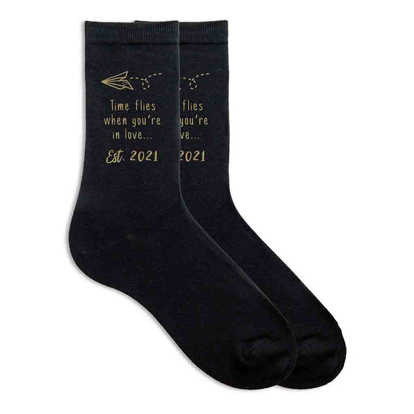 Time flies when you're in love digitally printed and personalized with your established wedding year on cotton socks.