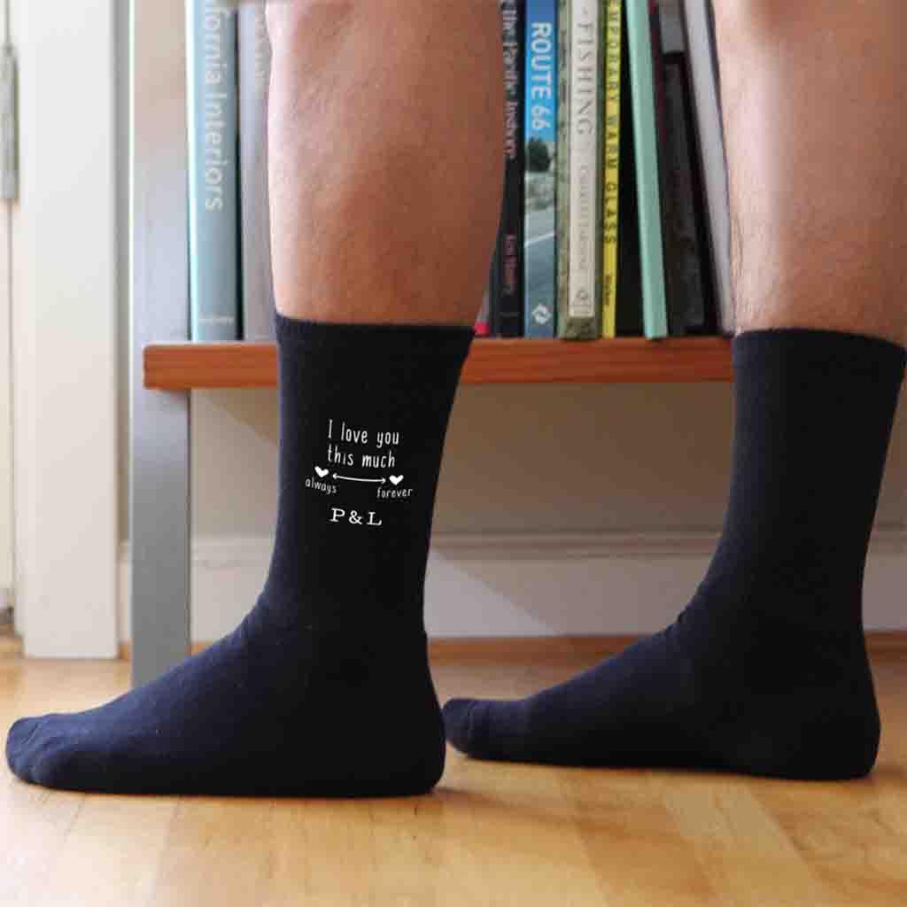 I love you this much always and forever digitally printed with your initials on dress socks.