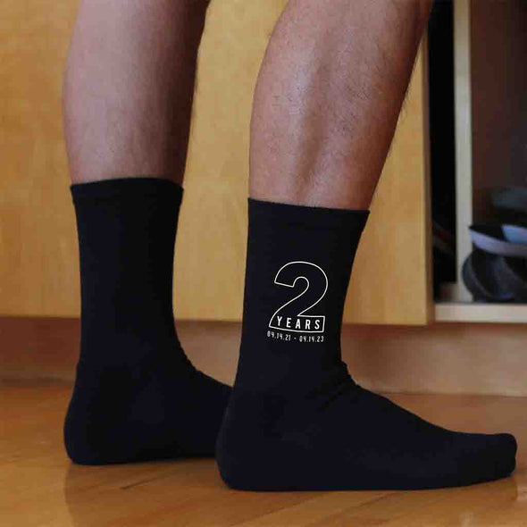 Two year anniversary digitally printed two and personalized with your wedding date printed on black cotton socks.