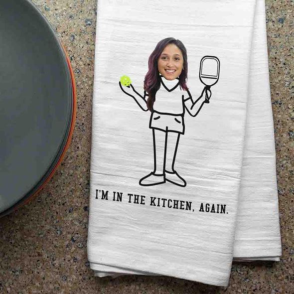I'm in the kitchen again pickleball player digitally printed on two piece dish kitchen towel set personalized with your photo and initial with cute design.