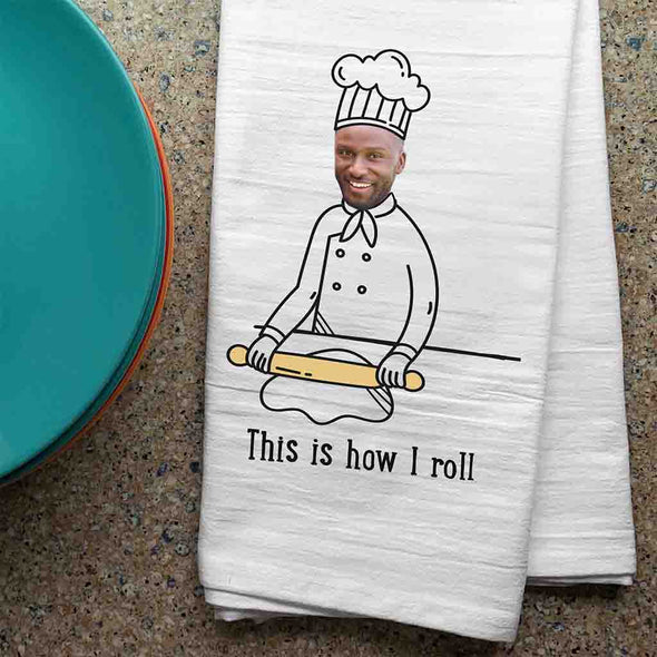 This is how I roll digitally printed on two piece dish kitchen towel set personalized with your photo and initial.