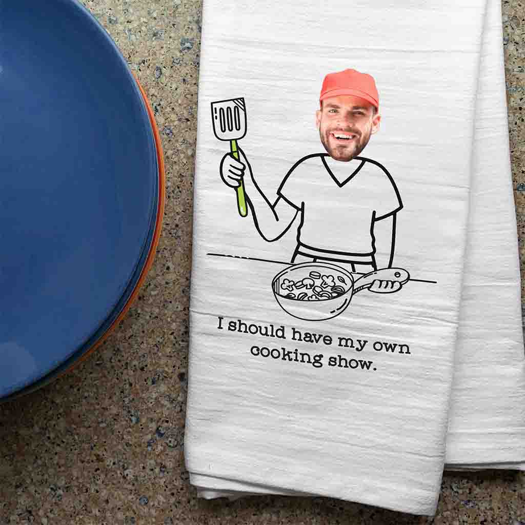 My own cooking show two piece dish kitchen towel set custom printed and personalized with your photo and initlal.