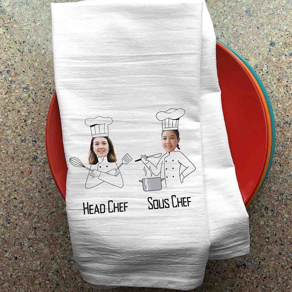 Head Chef and Sous Chef design digitally printed with your photo face on cotton dish towel.