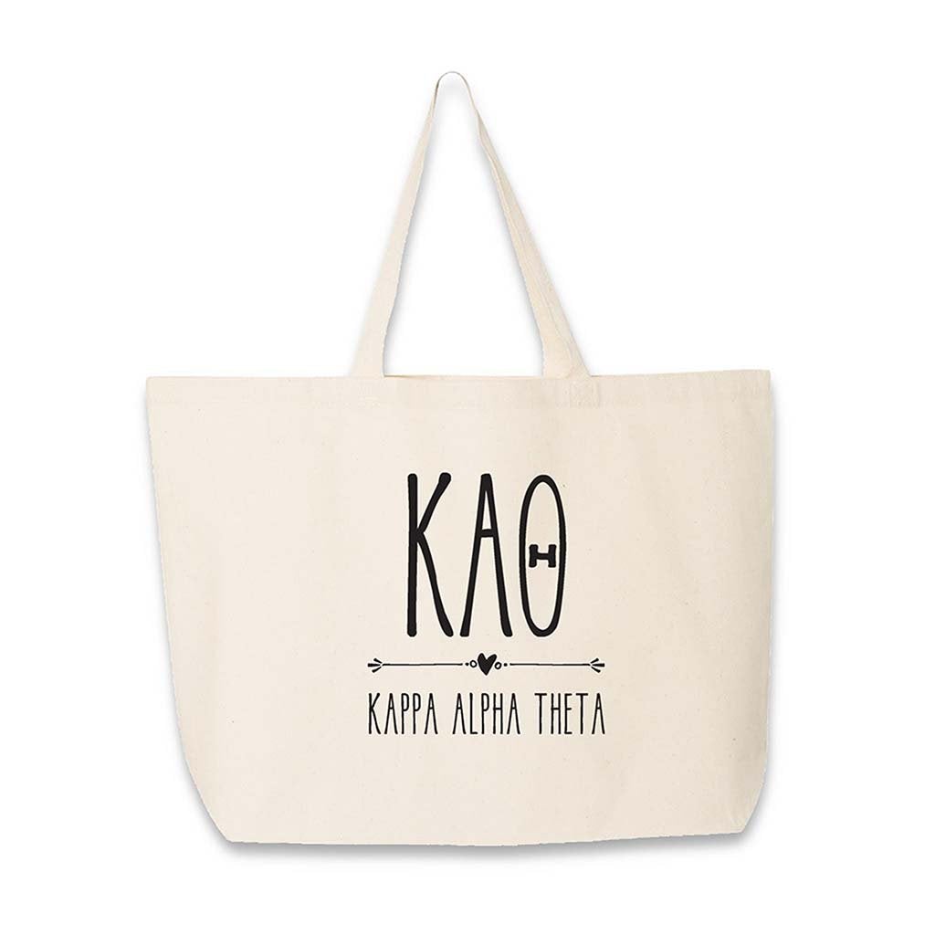 Kappa Alpha Theta sorority name and initials custom printed on canvas tote bag.