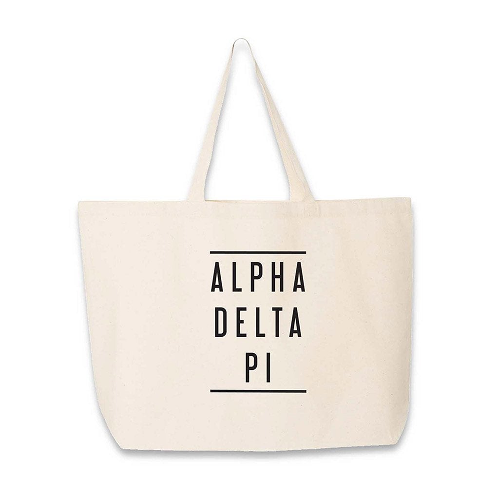 Sorority name in block capital letters with two lines on either side printed on canvas tote bag.