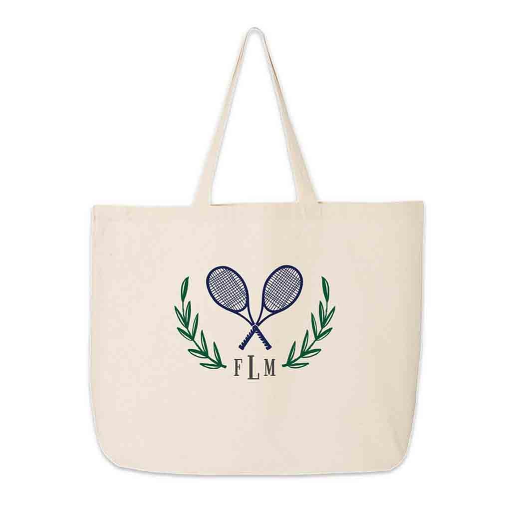 Personalized monogram initials custom printed with tennis theme on canvas tote bag.