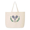 Custom printed canvas tote bag digitally printed with a tennis theme design and monogram.
