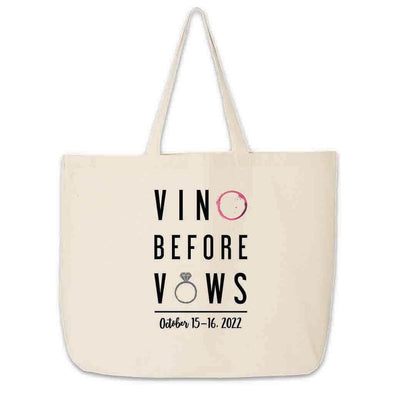 Vino before vows custom printed on large bachelorette party canvas tote bag.