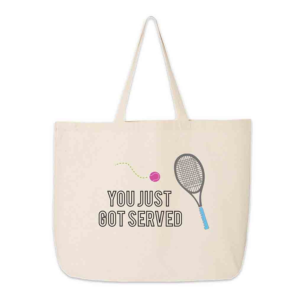 You just got served tennis design custom printed on canvas tote bag.