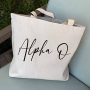 Alpha Omicron Pi sorority nickname digitally printed in script writing on canvas tote bag is the perfect accessory for your sorority sister.