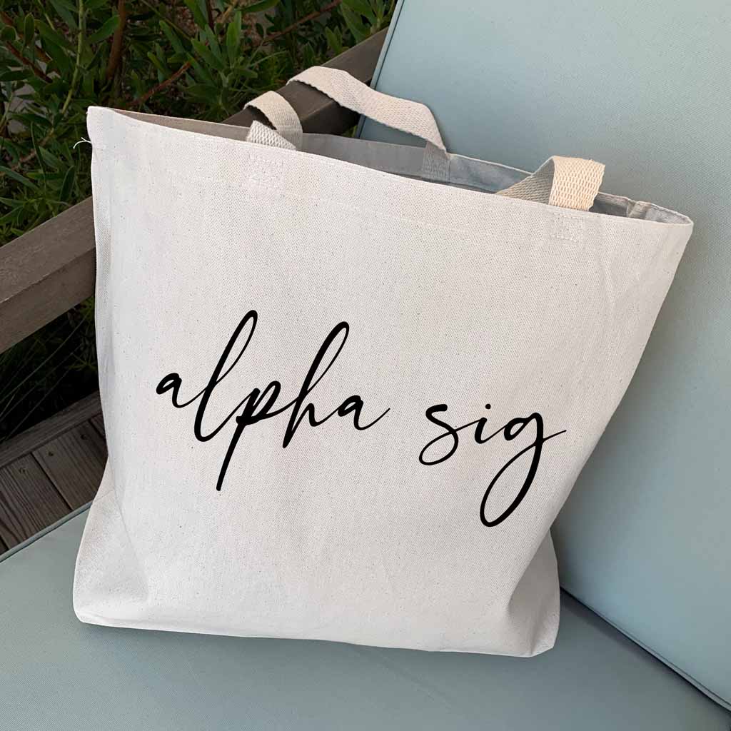 Alpha Sig sorority nickname digitally printed in script writing on canvas tote bag is the perfect accessory for your sorority sister.
