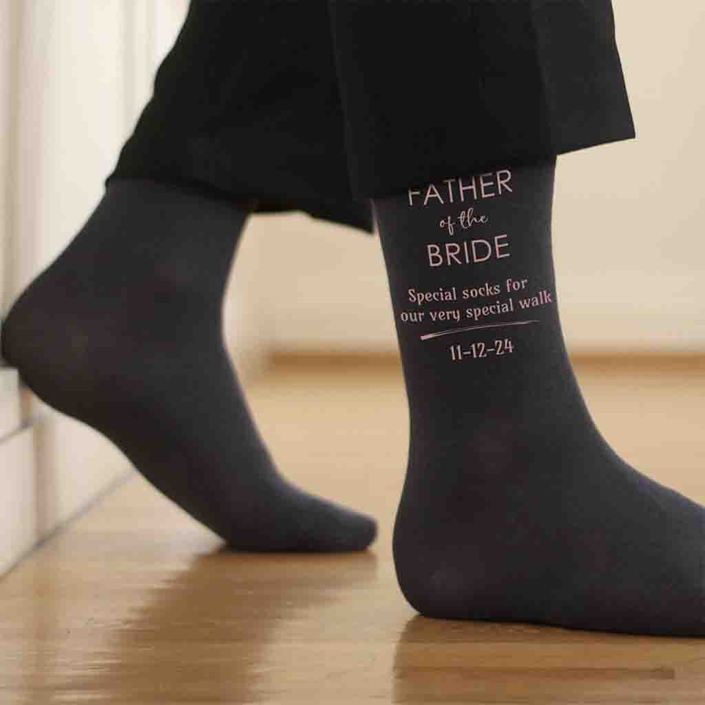 Custom flat knit socks digitally printed with colored ink and personalized with your wedding date make the perfect gift for your Dad on your wedding day.