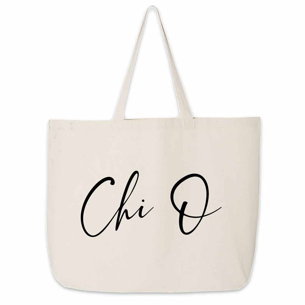 The perfect carry all for all your college sorority gear this Chi Omega sorority nickname printed on canvas tote bag in script writing.