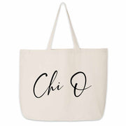 The perfect carry all for all your college sorority gear this Chi Omega sorority nickname printed on canvas tote bag in script writing.