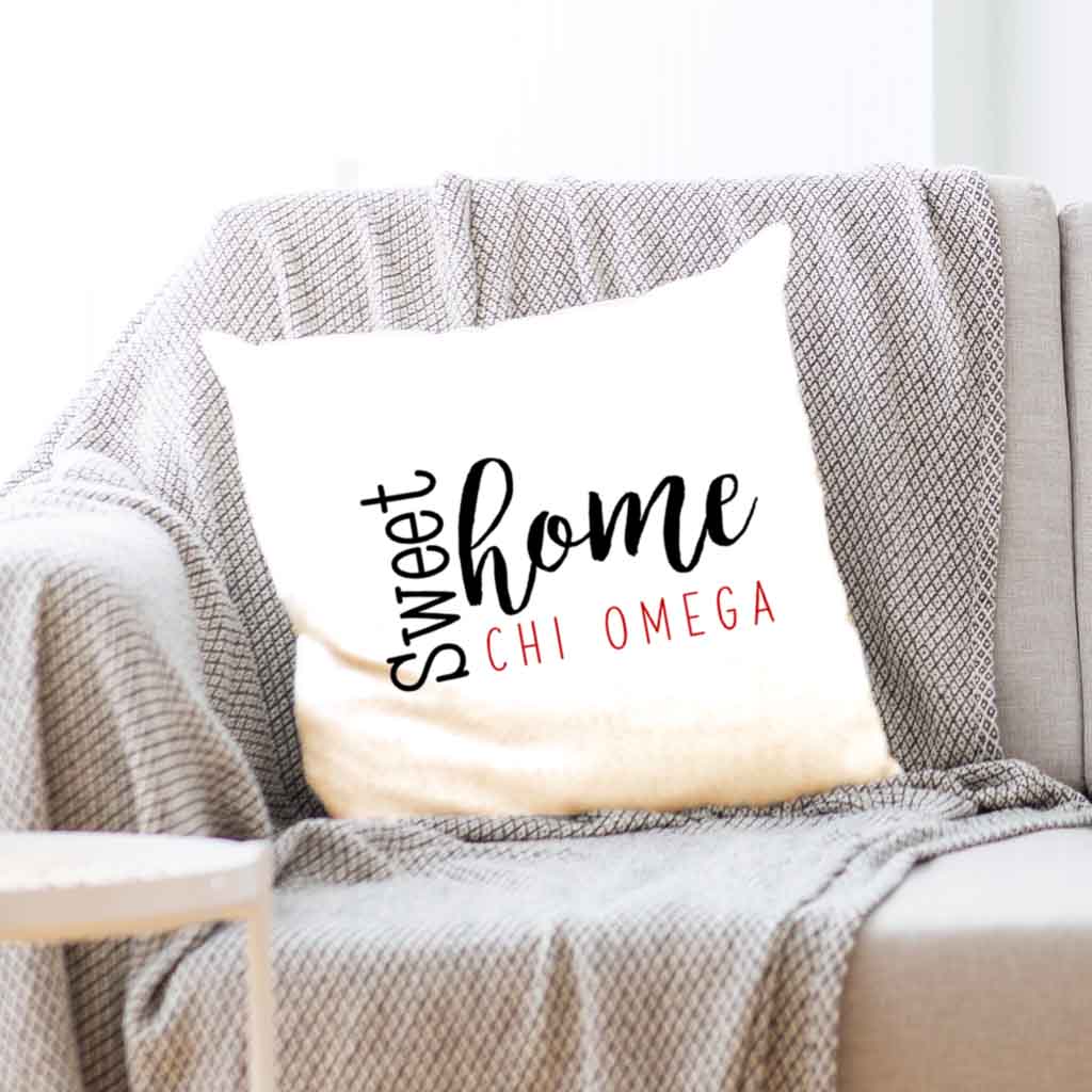 Chi Omega sorority name with stylish sweet home design custom printed on white or natural cotton throw pillow cover.