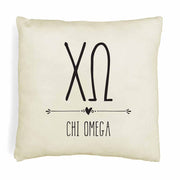 Chi Omega sorority letters and name in boho style design custom printed on white or natural cotton throw pillow cover.