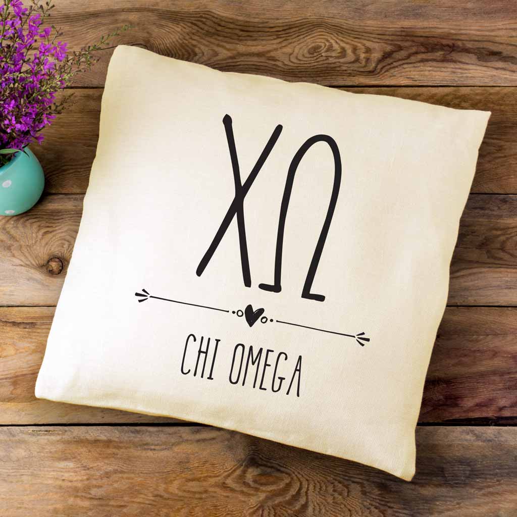 XO sorority letters and name in boho style design custom printed on white or natural cotton throw pillow cover.