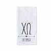 Chi Omega sorority name and letters digitally printed on cotton dishtowel with boho style design.