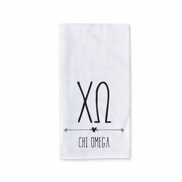 Chi Omega sorority name and letters custom printed with boho style design on white cotton kitchen towel.