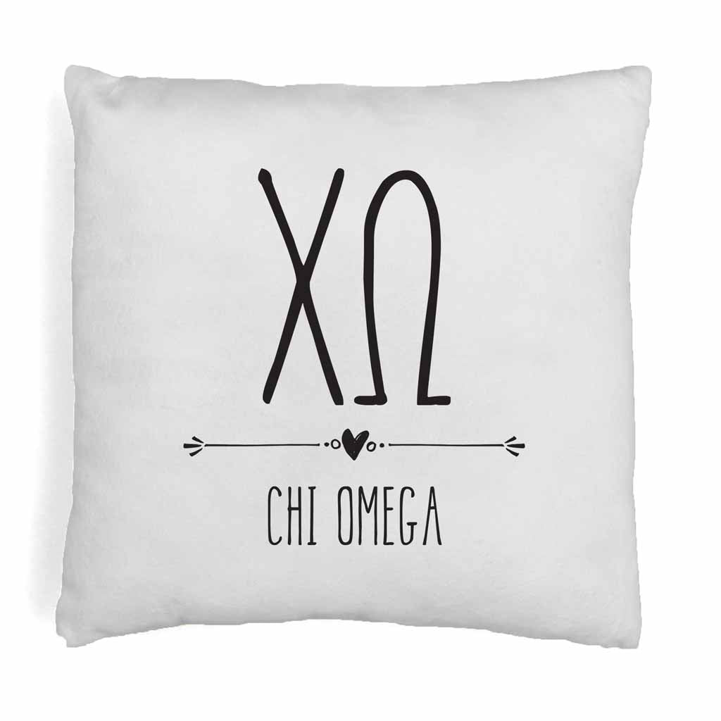 Chi Omega sorority name and letters in boho style design digitally printed on throw pillow cover.