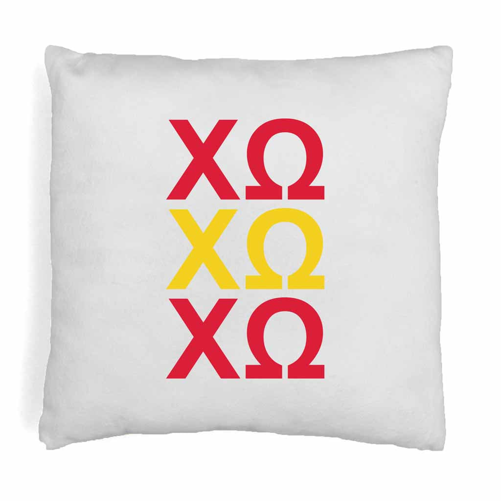 Chi Omega sorority letters x3 in sorority colors custom printed on white or natural cotton throw pillow cover.