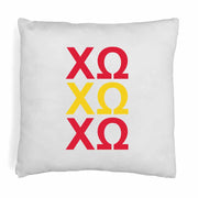 Chi Omega sorority letters x3 in sorority colors custom printed on white or natural cotton throw pillow cover.