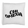 Chi Omega sorority name in mod style design digitally printed on throw pillow cover.