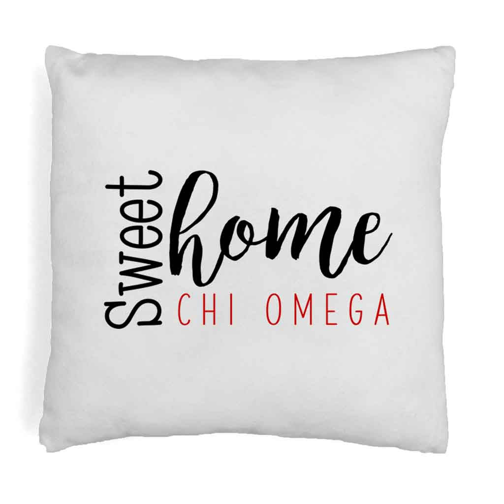 Chi Omega sorority name in sweet home design digitally printed on throw pillow cover.