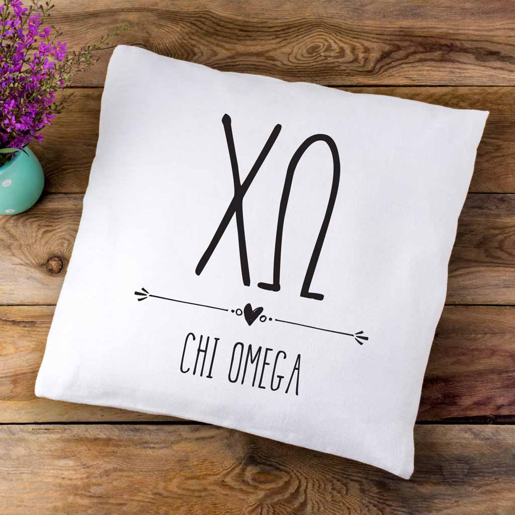 Chi Omega sorority letters and name in boho style design custom printed on white or natural cotton throw pillow cover.