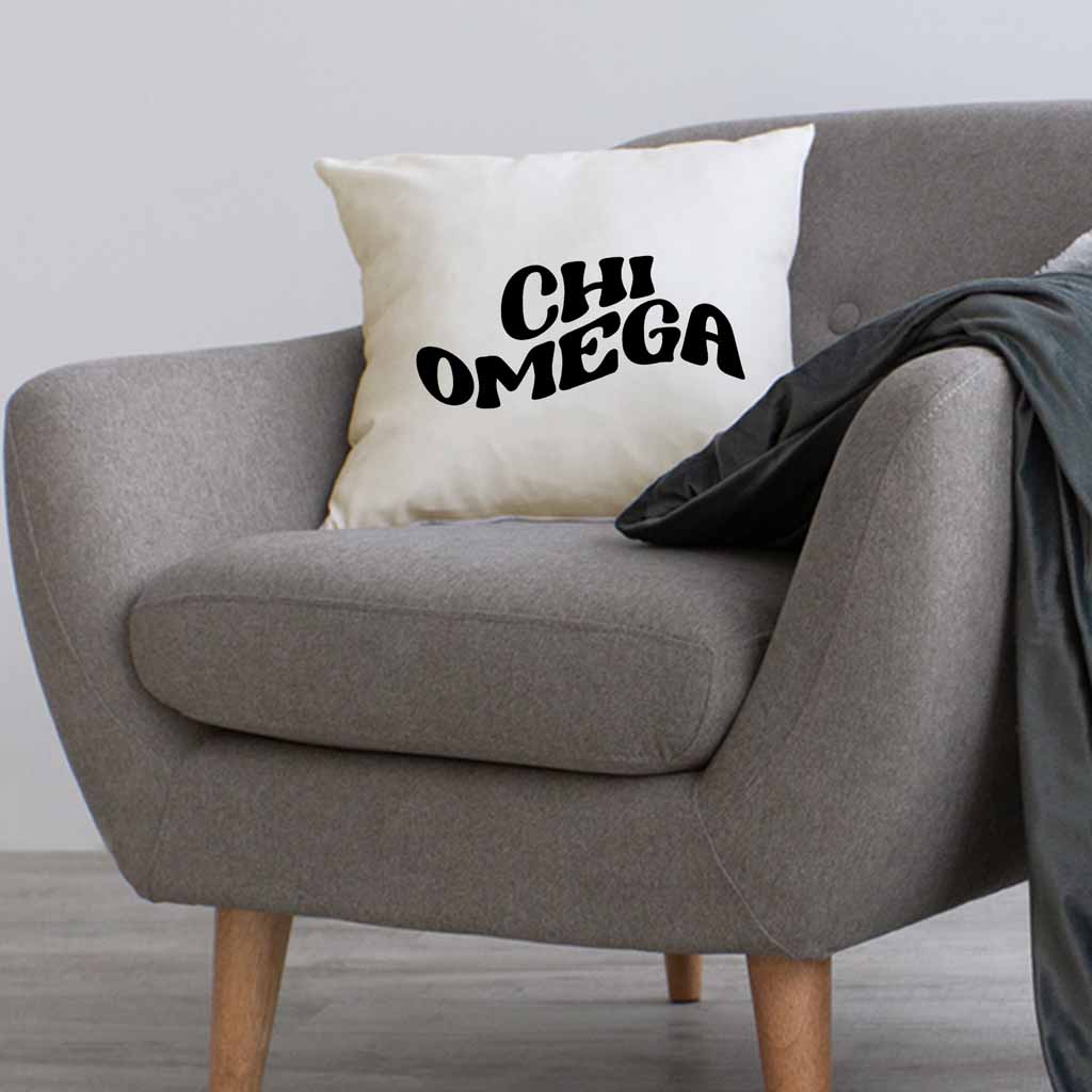 Chi O sorority name in mod style design custom printed on white or natural cotton throw pillow cover.