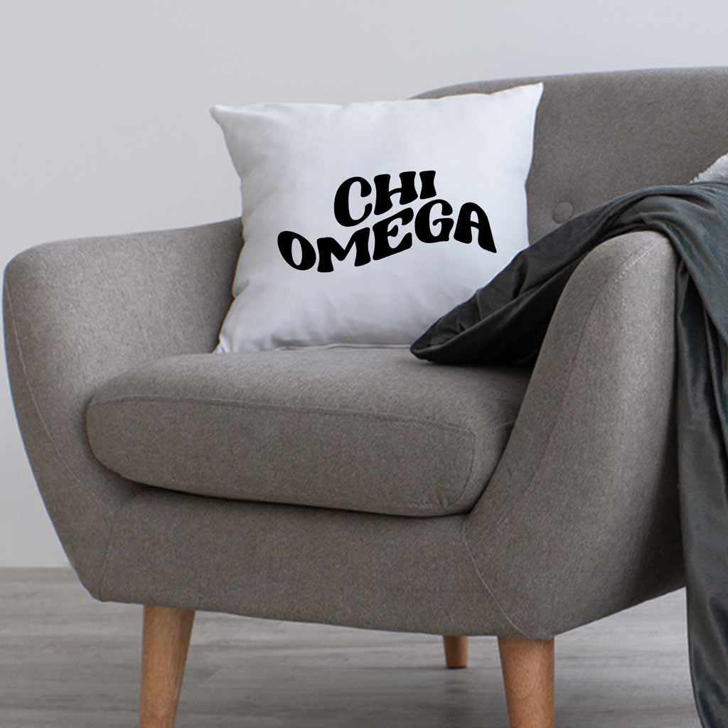 XO sorority name in mod style design custom printed on white or natural cotton throw pillow cover.