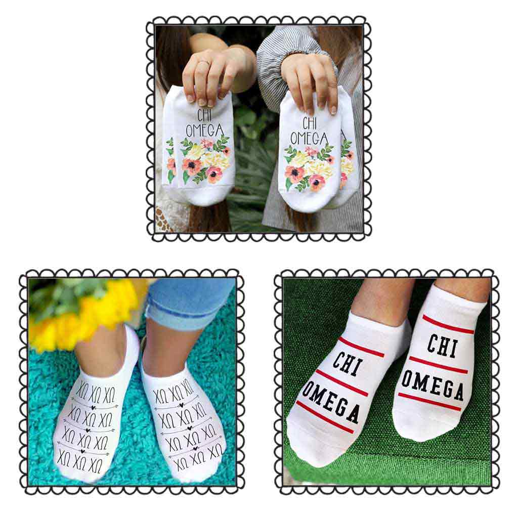 Cute Chi Omega cotton footie socks are soft and comfy and great for sorority big little gifts