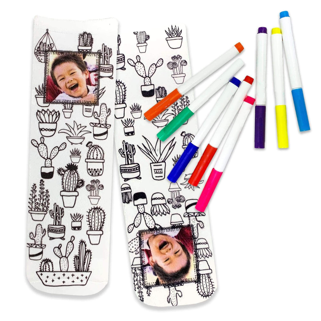 Color in cactus design personalized with your photo digitally printed on crew socks.