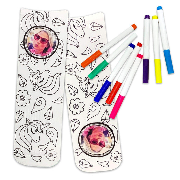 Color In design personalized with your photo digitally printed on crew socks with fabric markers included with purchase.