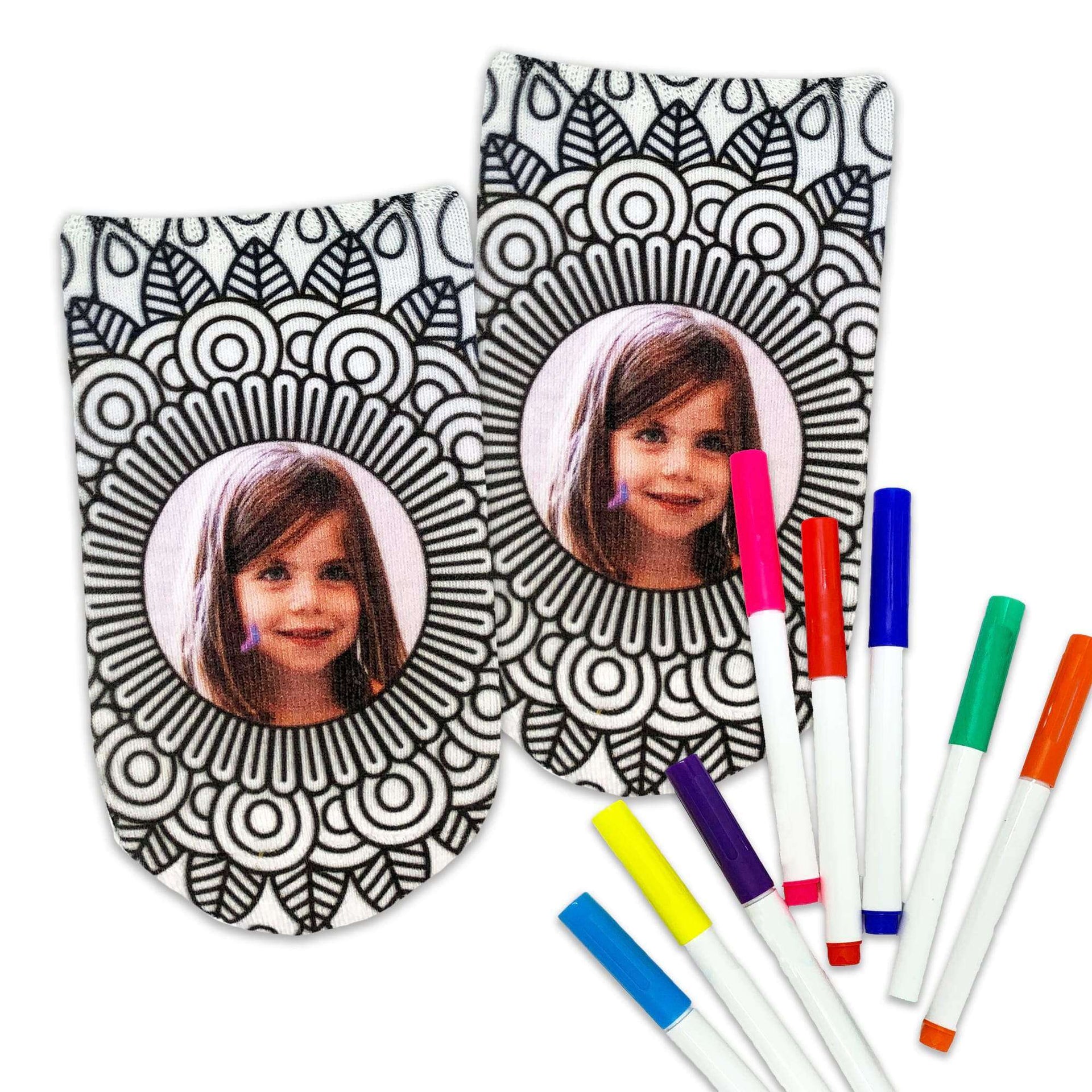 Custom printed no show socks digitally printed with a mandala color in design and personalized with your photo.
