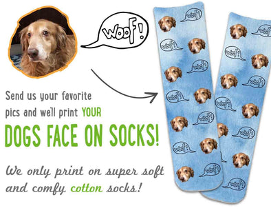 Cute custom printed dog face photo socks with woof digitally printed in all over design personalized using your photo on blue wash background printed on cotton crew socks.
