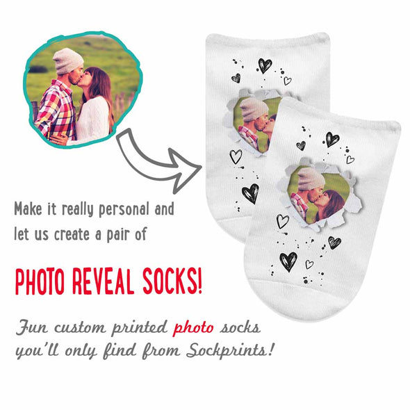 Custom photo reveal socks designed by sockprints we digitally print the heart design with your personalized photo inside the heart printed on no show socks.