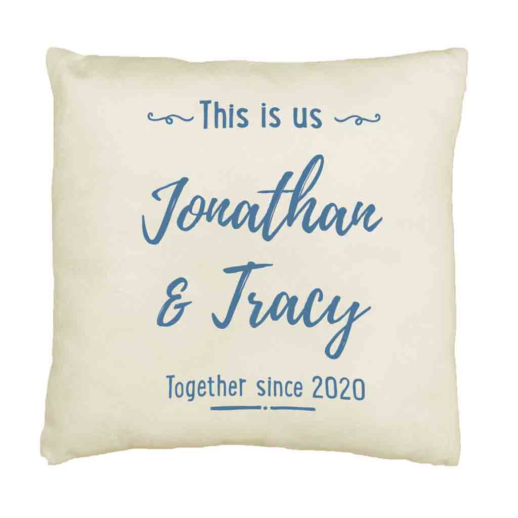 Accent throw pillow cover custom printed with this is us design by sockprints and personalized with your names and date.