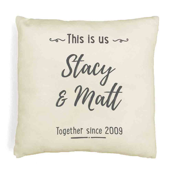 Throw pillow cover custom printed and personalized with your names and together since date.
