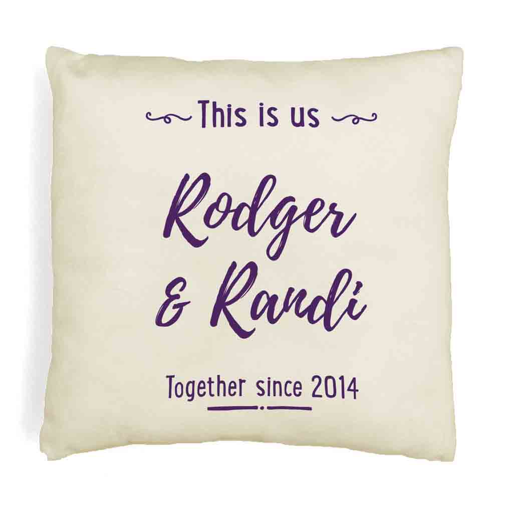 This is us design custom printed and personalized with your names and date printed on throw pillow cover.