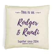 Custom printed accent throw pillow for the couple with a this is us design and personalized with your names and date.